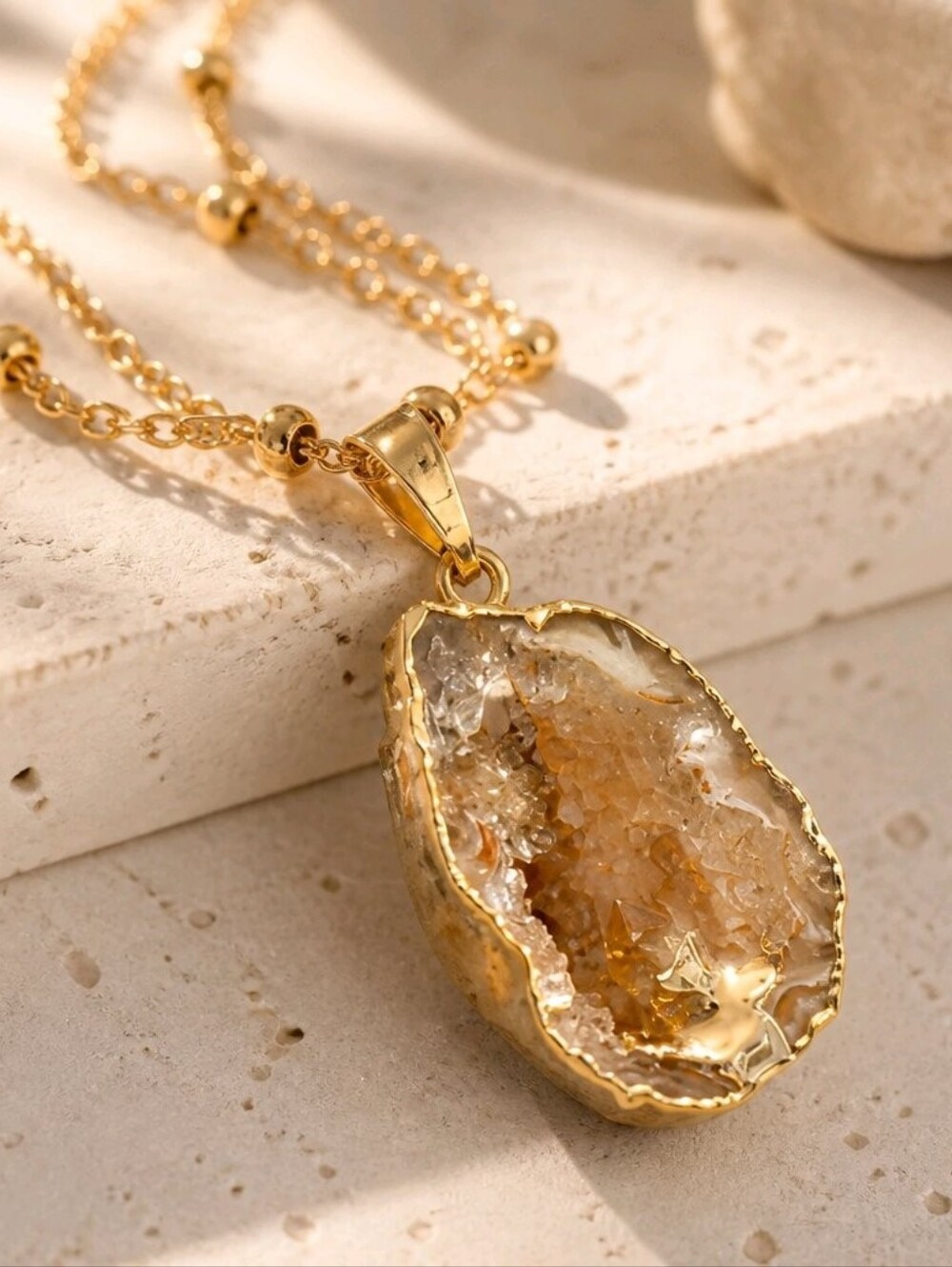 Natural Agate Quartz Geode Crystal Gold Wrapped Pendant Necklace